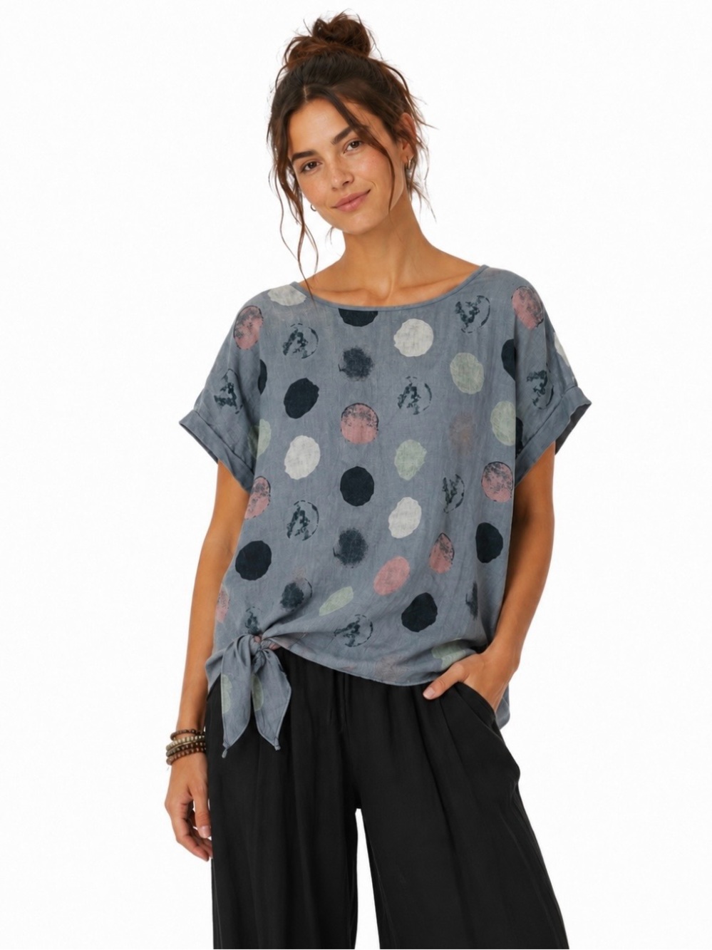 Linen Polka Dot Top Tie Front Blue Lagenlook Beach Resort S M Artsy Art Teacher